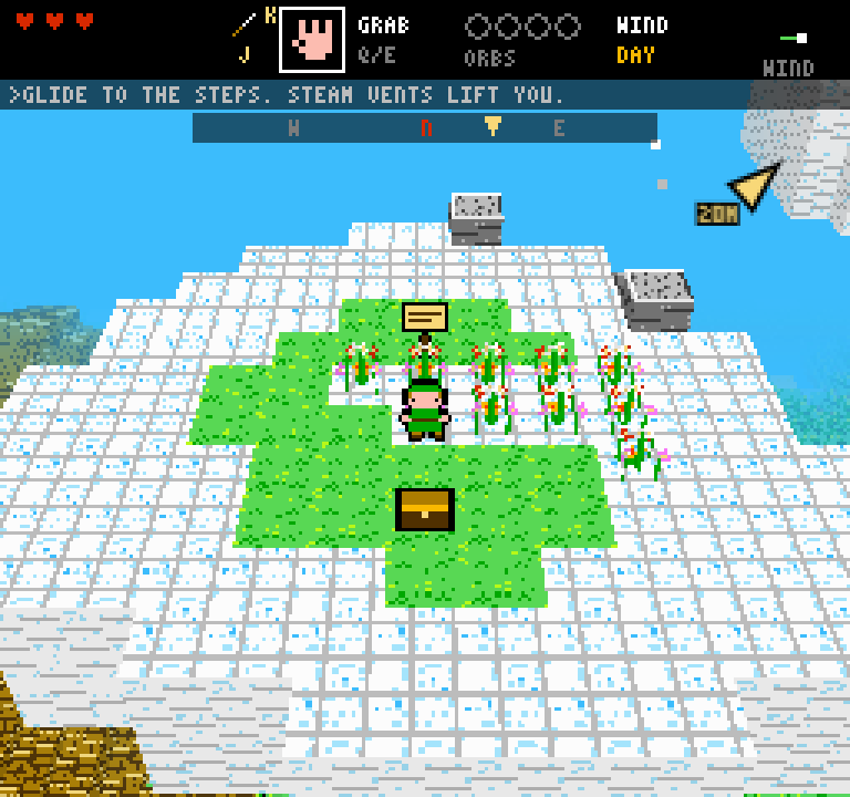 An 8-bit scene on a pale floating island of white stone tiles under a bright blue sky: a small green-capped hero beside a signpost, a patch of grass with red and pink flowers, a treasure chest, grey stone blocks at the edges, and far below at the left edge a hazy green landscape. The HUD shows three hearts, a hand item, four empty orb slots and the objective: glide to the steps, steam vents lift you