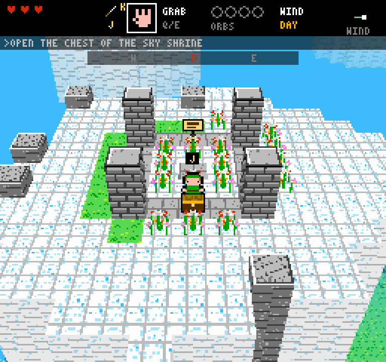 An 8-bit shrine on a floating island of white tiles against blue sky: four grey stone pillars around a flowered courtyard with a treasure chest, the green-capped hero in front of it, a signpost behind, and the objective bar reading open the chest of the sky shrine