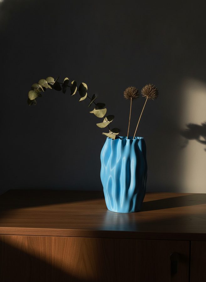 The vase lit hard from one side with dried stems