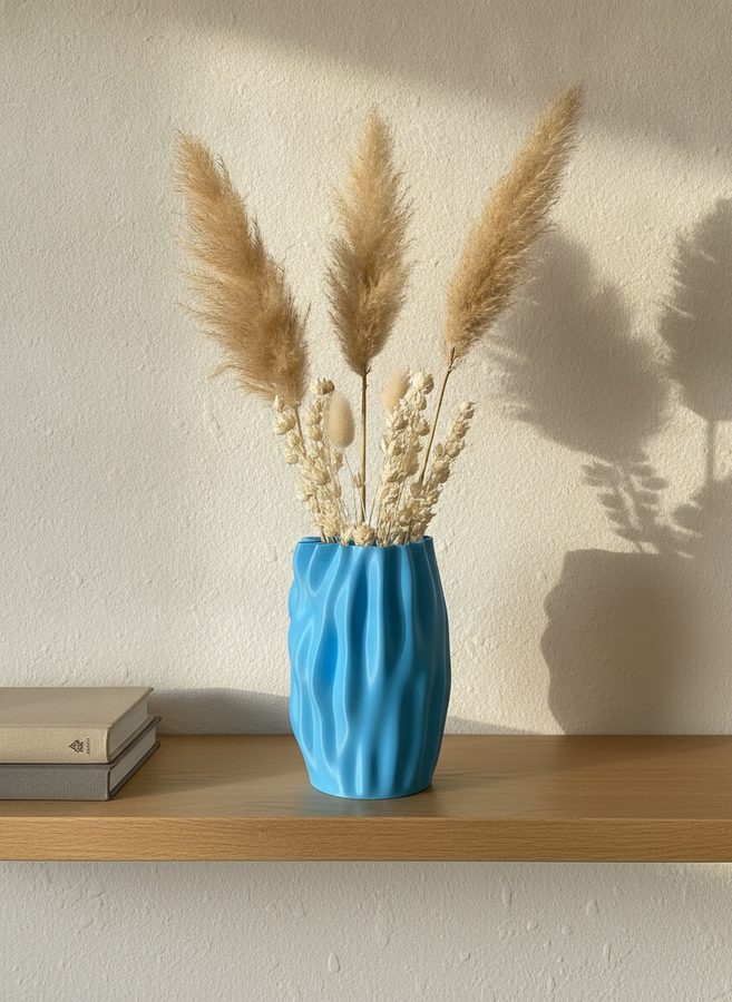 The vase on an oak shelf with pampas grass