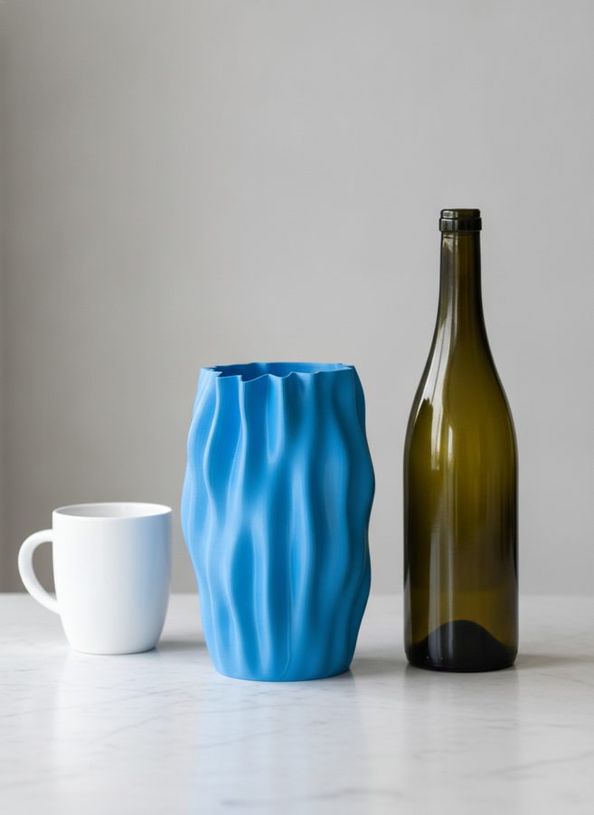 The vase beside a wine bottle and a mug for scale