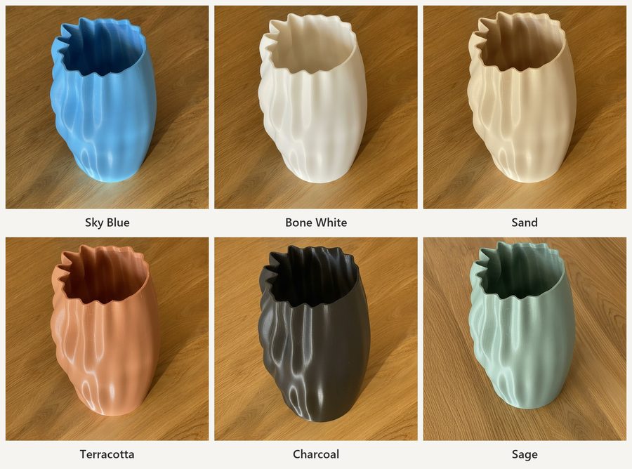 The same vase in five filament colours