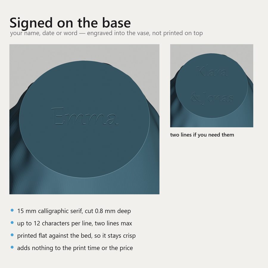 Renders of a name engraved into the base of the vase